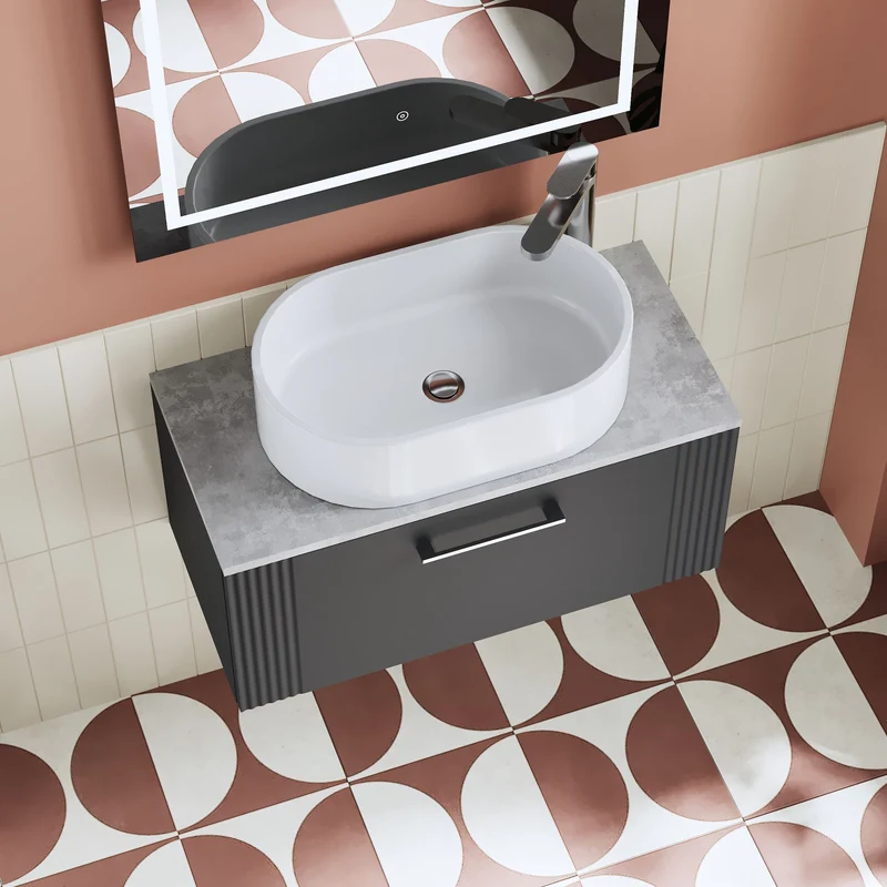 Deco 800mm Wall Hung 1 Drawer Vanity Unit & Bellato Grey Laminate Worktop - Soft Black Satin