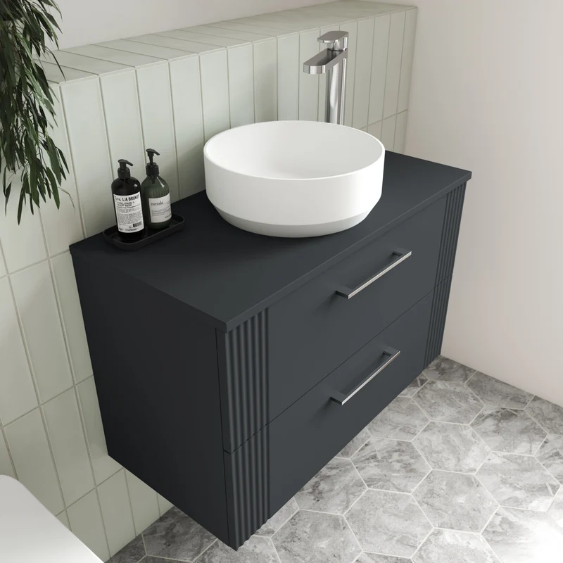 Deco 800mm Wall Hung 2 Drawer Vanity Unit & Worktop - Soft Black Satin