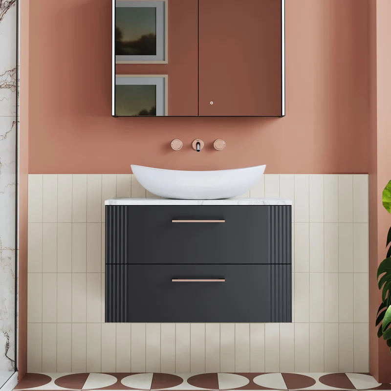 Deco 800mm Wall Hung 2 Drawer Vanity Unit & Carrera Marble Laminate Worktop - Soft Black Satin