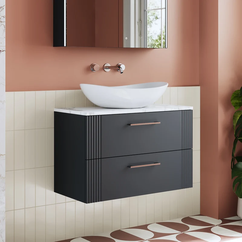 Deco 800mm Wall Hung 2 Drawer Vanity Unit & Carrera Marble Laminate Worktop - Soft Black Satin