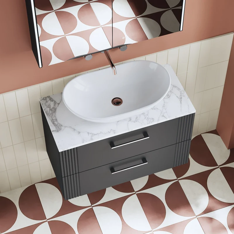 Deco 800mm Wall Hung 2 Drawer Vanity Unit & Carrera Marble Laminate Worktop - Soft Black Satin