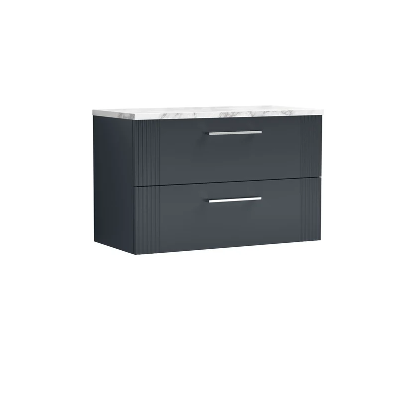 Deco 800mm Wall Hung 2 Drawer Vanity Unit & Carrera Marble Laminate Worktop - Soft Black Satin