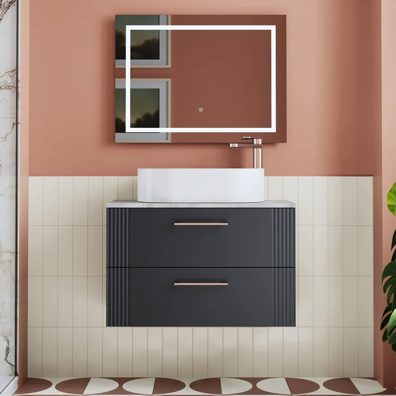 Deco 800mm Wall Hung 2 Drawer Vanity Unit & Bellato Grey Laminate Worktop - Soft Black Satin