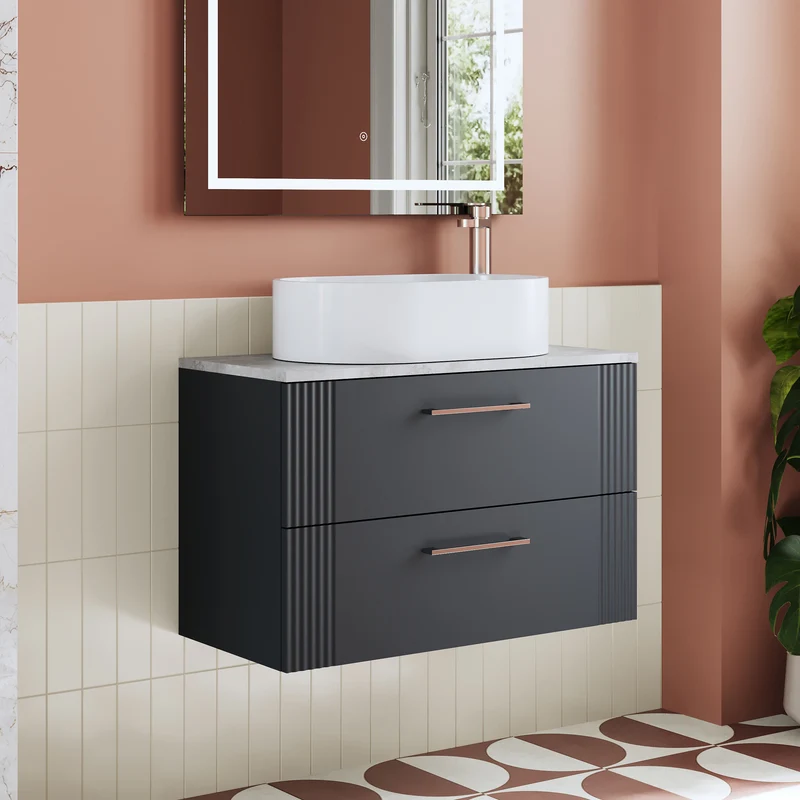 Deco 800mm Wall Hung 2 Drawer Vanity Unit & Bellato Grey Laminate Worktop - Soft Black Satin