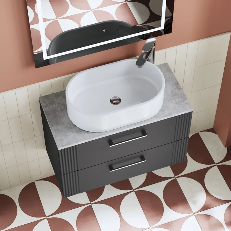 Deco 800mm Wall Hung 2 Drawer Vanity Unit & Bellato Grey Laminate Worktop - Soft Black Satin