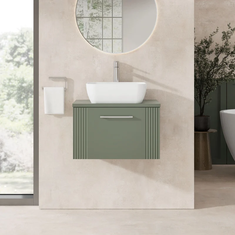 Deco 600mm Wall Hung 1 Drawer Vanity Unit & Worktop - Green Satin