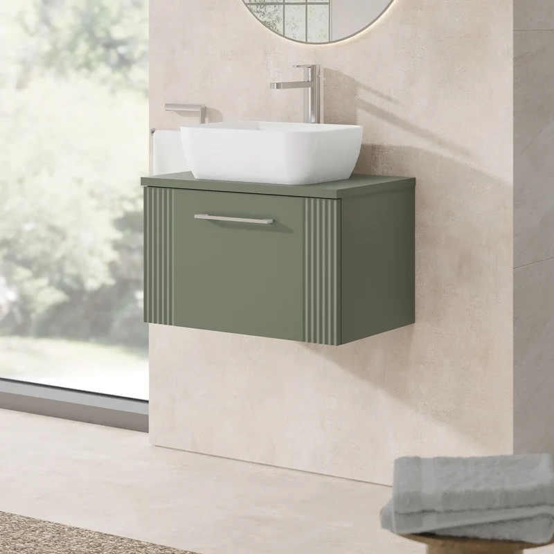 Deco 600mm Wall Hung 1 Drawer Vanity Unit & Worktop - Green Satin