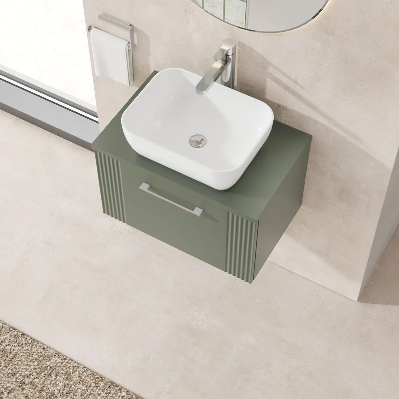 Deco 600mm Wall Hung 1 Drawer Vanity Unit & Worktop - Green Satin