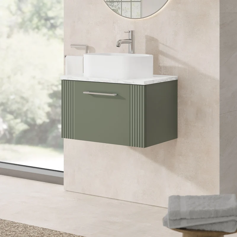 Deco 600mm Wall Hung 1 Drawer Vanity Unit & Carrera Marble Laminate Worktop - Green Satin