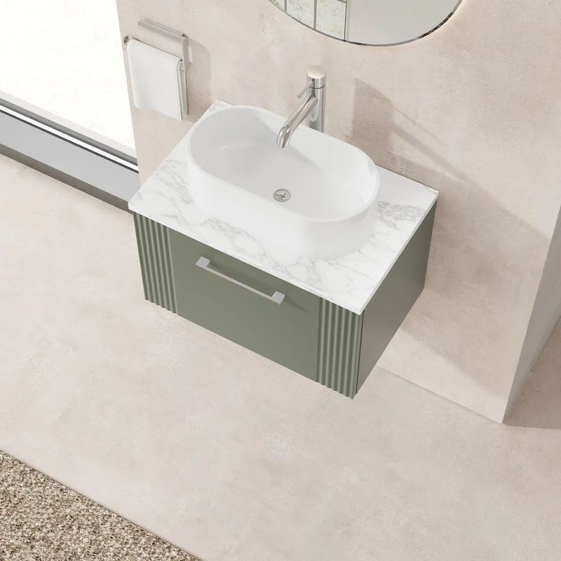 Deco 600mm Wall Hung 1 Drawer Vanity Unit & Carrera Marble Laminate Worktop - Green Satin