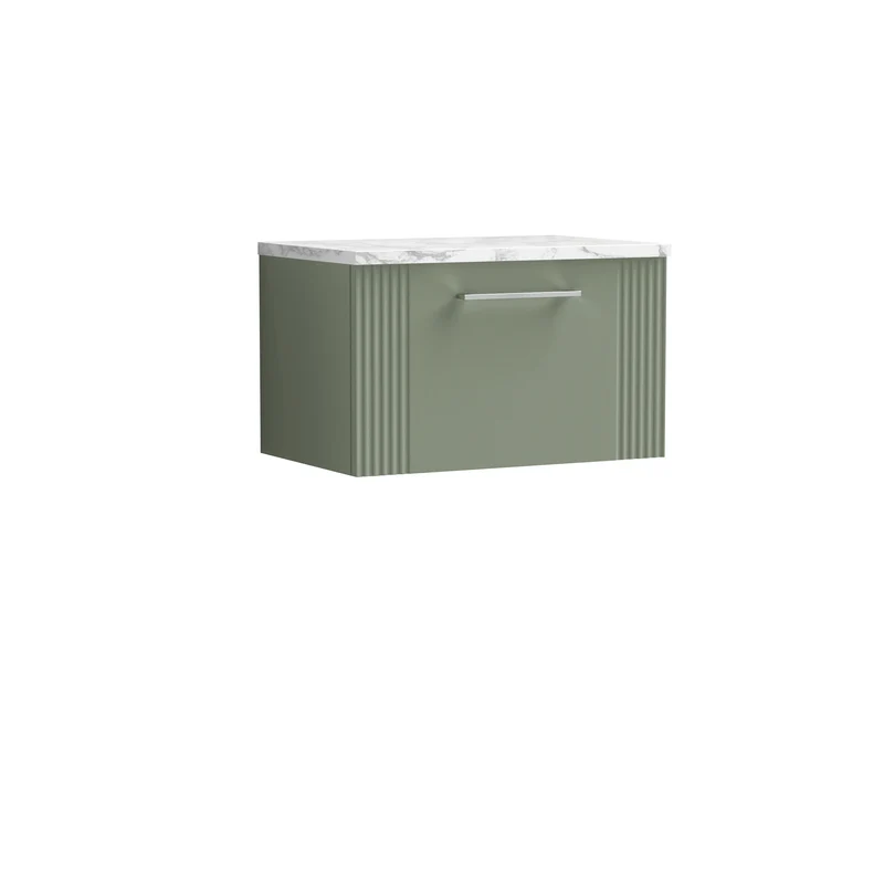 Deco 600mm Wall Hung 1 Drawer Vanity Unit & Carrera Marble Laminate Worktop - Green Satin