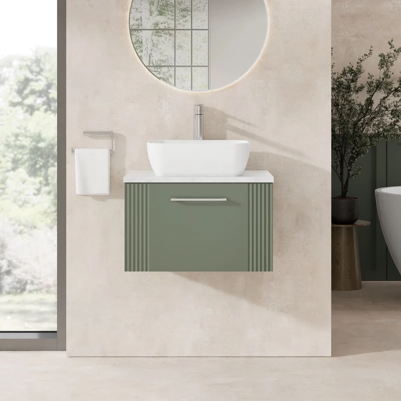 Deco 600mm Wall Hung 1 Drawer Vanity Unit & Bellato Grey Laminate Worktop - Green Satin