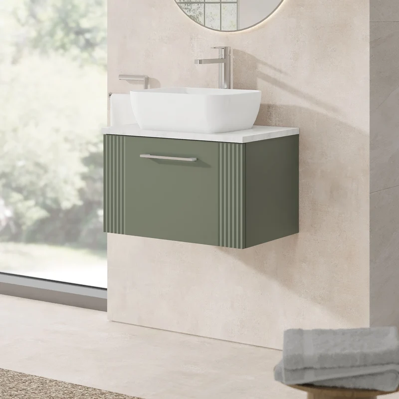 Deco 600mm Wall Hung 1 Drawer Vanity Unit & Bellato Grey Laminate Worktop - Green Satin