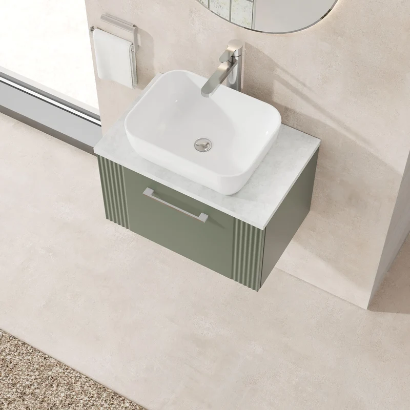 Deco 600mm Wall Hung 1 Drawer Vanity Unit & Bellato Grey Laminate Worktop - Green Satin