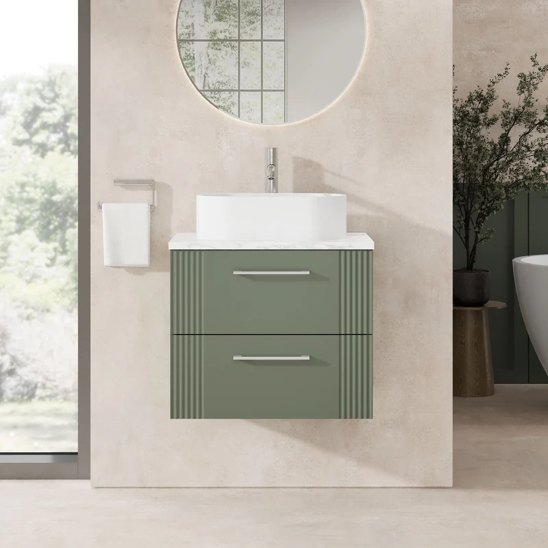 Deco 600mm Wall Hung 2 Drawer Vanity Unit & Carrera Marble Laminate Worktop - Green Satin