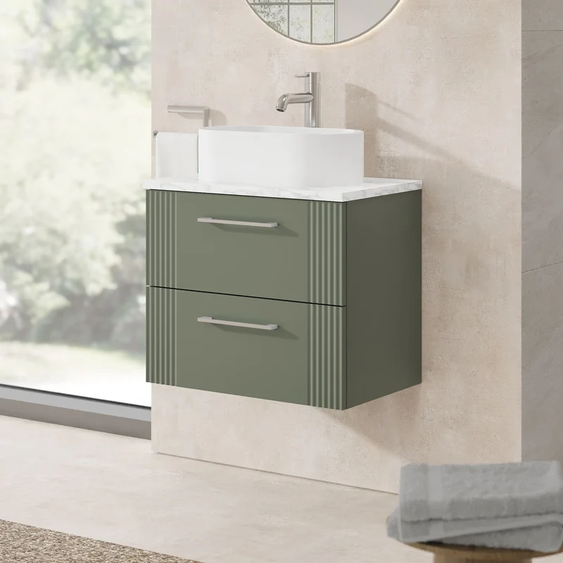 Deco 600mm Wall Hung 2 Drawer Vanity Unit & Carrera Marble Laminate Worktop - Green Satin