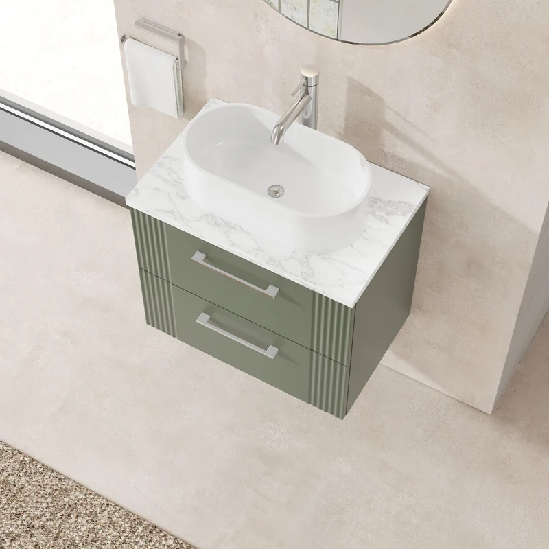 Deco 600mm Wall Hung 2 Drawer Vanity Unit & Carrera Marble Laminate Worktop - Green Satin