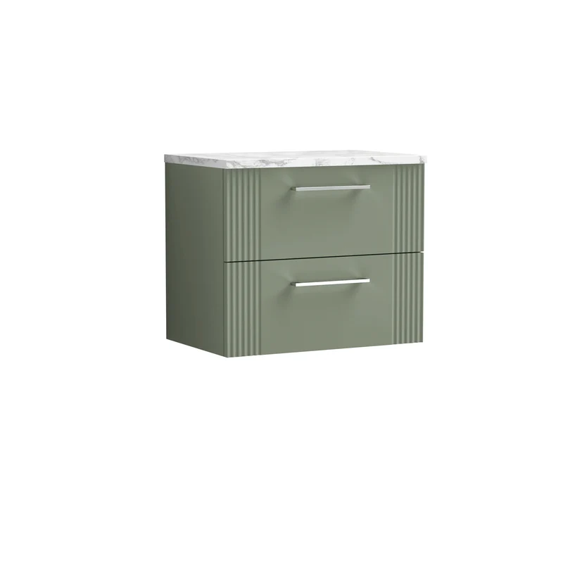 Deco 600mm Wall Hung 2 Drawer Vanity Unit & Carrera Marble Laminate Worktop - Green Satin