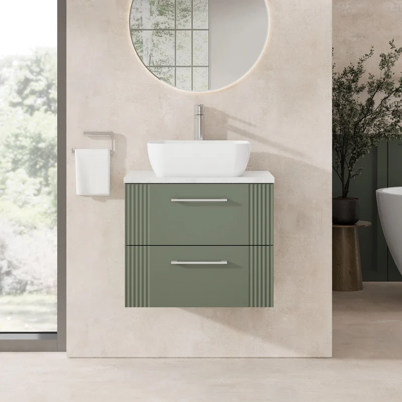 Deco 600mm Wall Hung 2 Drawer Vanity Unit & Bellato Grey Laminate Worktop - Green Satin