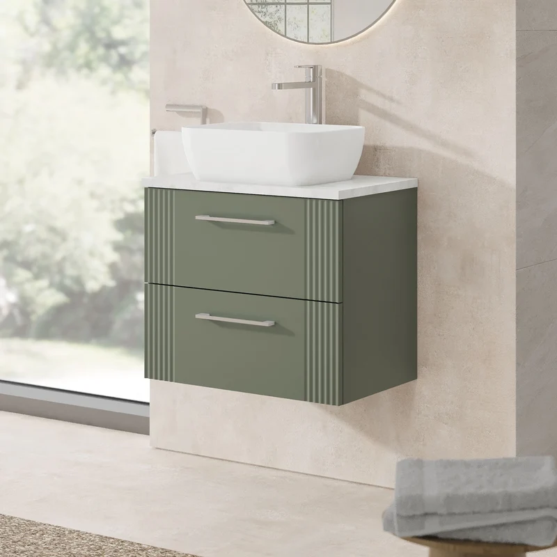 Deco 600mm Wall Hung 2 Drawer Vanity Unit & Bellato Grey Laminate Worktop - Green Satin