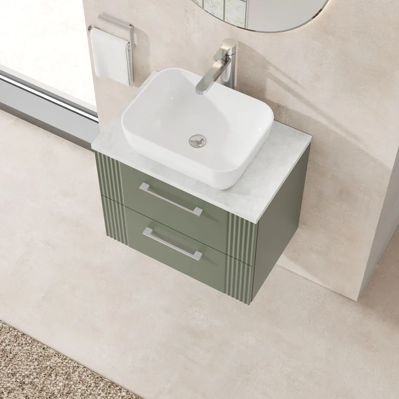 Deco 600mm Wall Hung 2 Drawer Vanity Unit & Bellato Grey Laminate Worktop - Green Satin