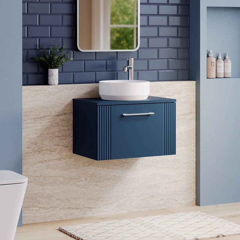 Deco 600mm Wall Hung 1 Drawer Vanity Unit & Worktop - Blue Satin