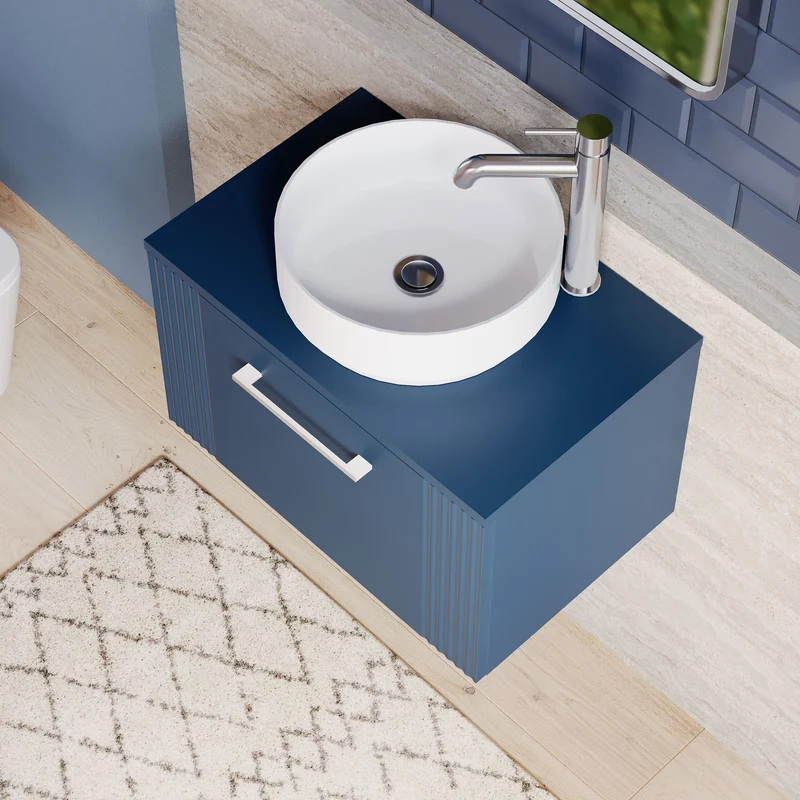 Deco 600mm Wall Hung 1 Drawer Vanity Unit & Worktop - Blue Satin