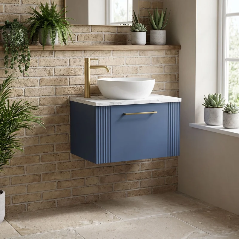 Deco 600mm Wall Hung 1 Drawer Vanity Unit & Carrera Marble Laminate Worktop - Blue Satin