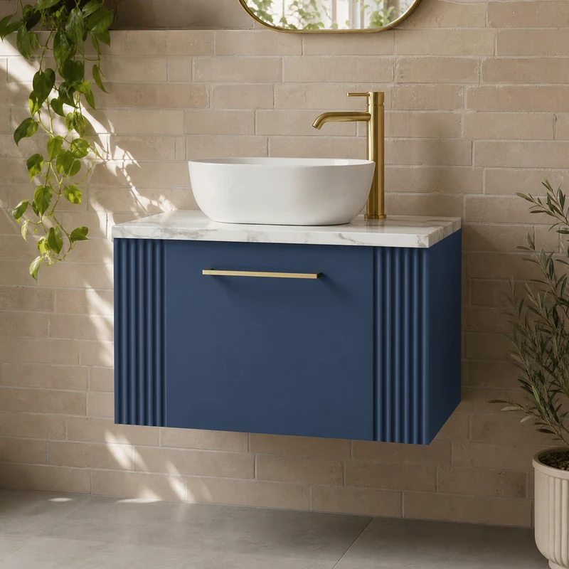 Deco 600mm Wall Hung 1 Drawer Vanity Unit & Carrera Marble Laminate Worktop - Blue Satin