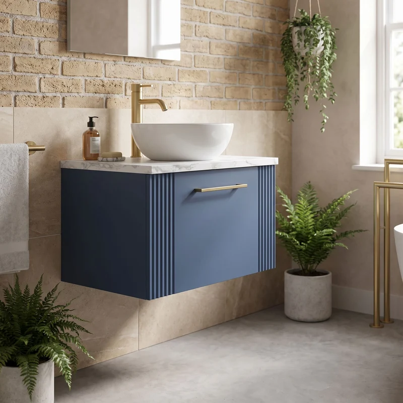 Deco 600mm Wall Hung 1 Drawer Vanity Unit & Carrera Marble Laminate Worktop - Blue Satin