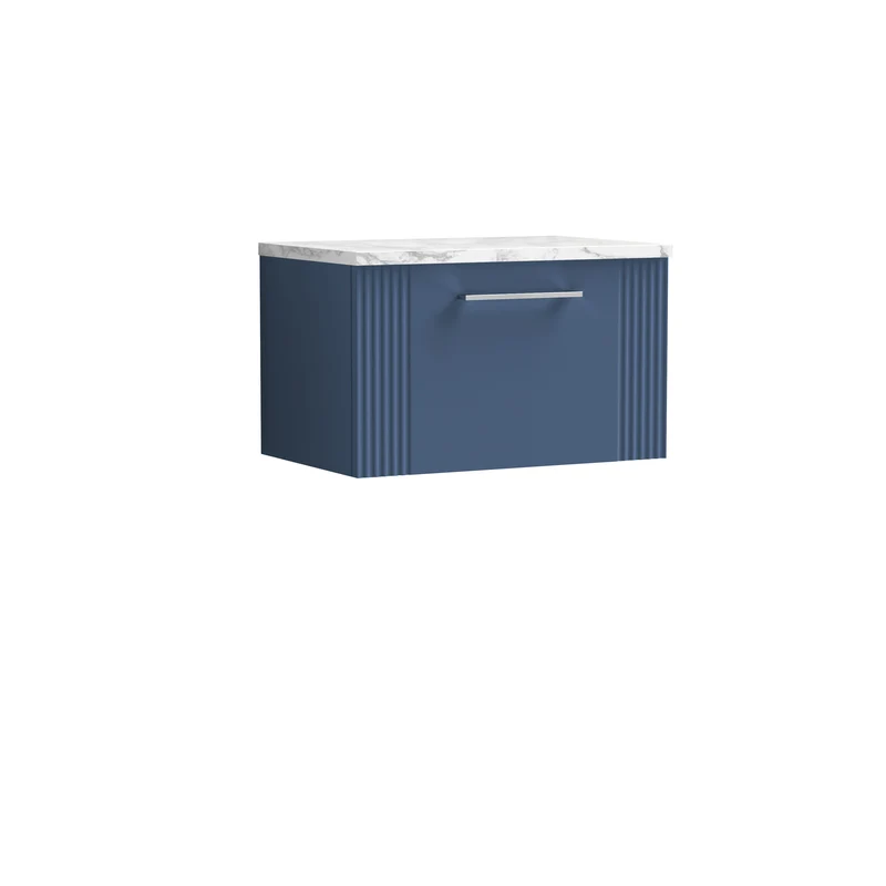 Deco 600mm Wall Hung 1 Drawer Vanity Unit & Carrera Marble Laminate Worktop - Blue Satin
