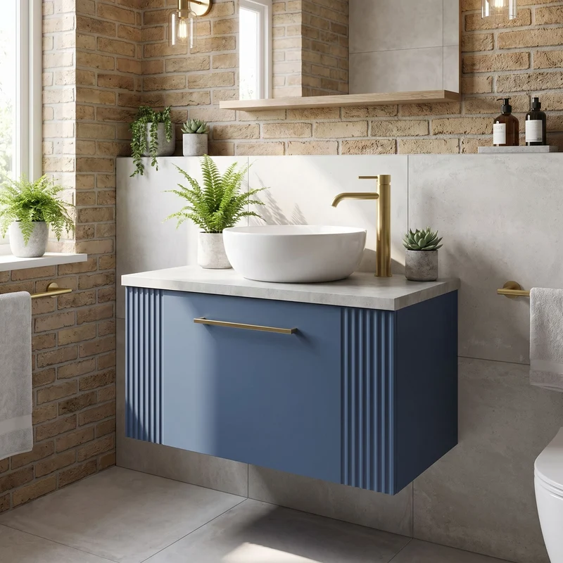 Deco 600mm Wall Hung 1 Drawer Vanity Unit & Bellato Grey Laminate Worktop - Blue Satin