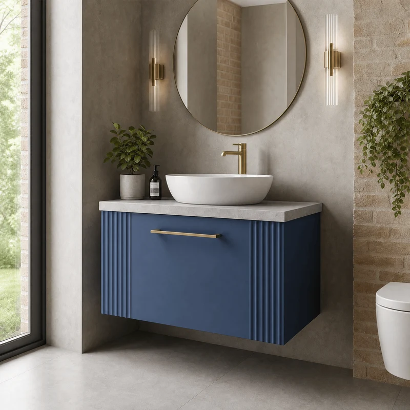 Deco 600mm Wall Hung 1 Drawer Vanity Unit & Bellato Grey Laminate Worktop - Blue Satin