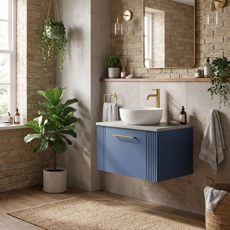 Deco 600mm Wall Hung 1 Drawer Vanity Unit & Bellato Grey Laminate Worktop - Blue Satin