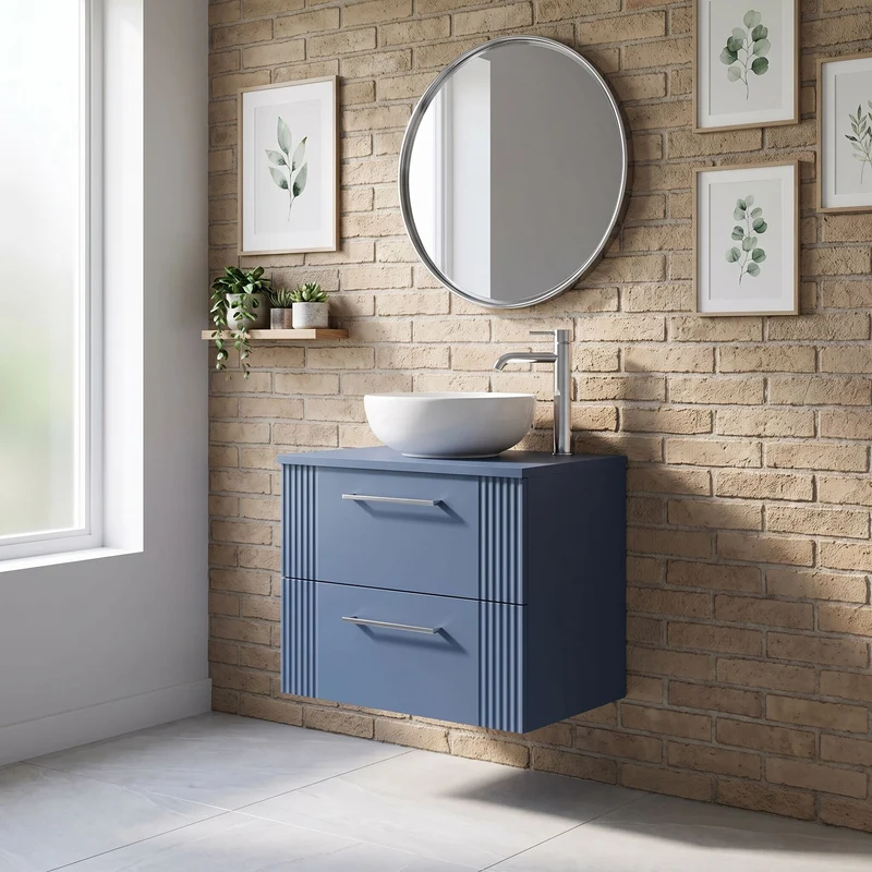 Deco 600mm Wall Hung 2 Drawer Vanity Unit & Worktop - Blue Satin