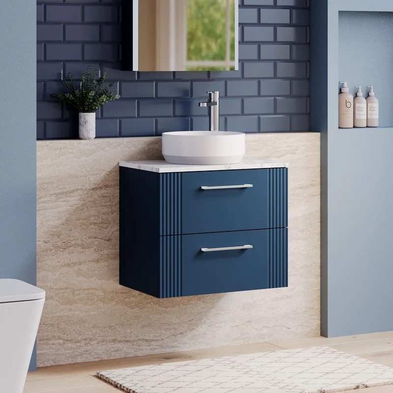 Deco 600mm Wall Hung 2 Drawer Vanity Unit & Carrera Marble Laminate Worktop - Blue Satin