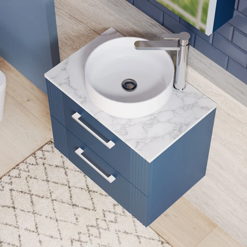 Deco 600mm Wall Hung 2 Drawer Vanity Unit & Carrera Marble Laminate Worktop - Blue Satin