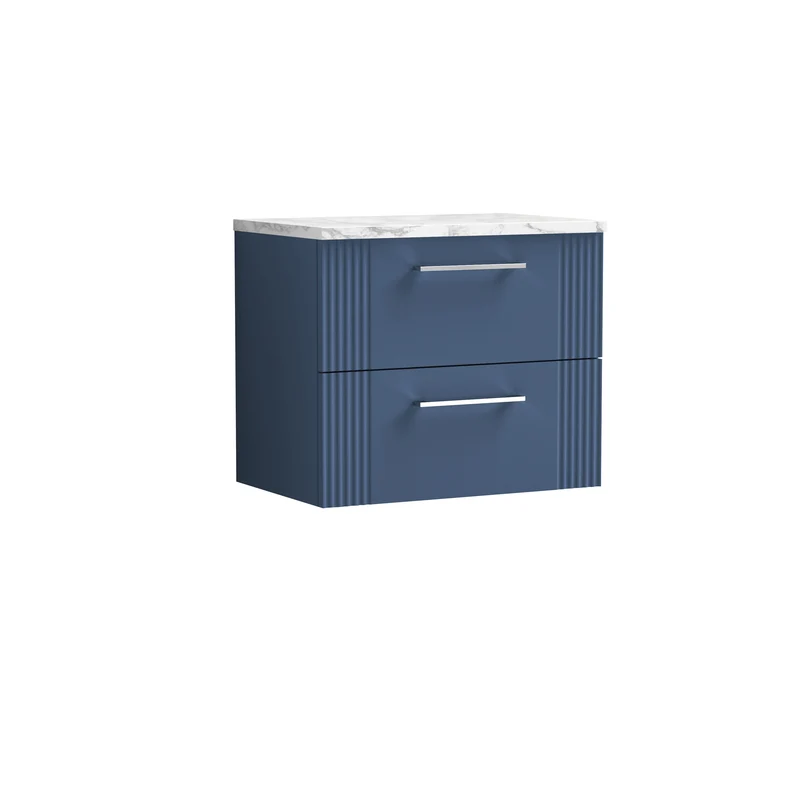 Deco 600mm Wall Hung 2 Drawer Vanity Unit & Carrera Marble Laminate Worktop - Blue Satin