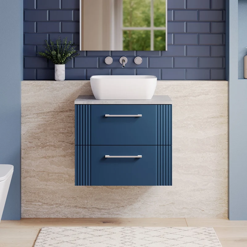 Deco 600mm Wall Hung 2 Drawer Vanity Unit & Bellato Grey Laminate Worktop - Blue Satin