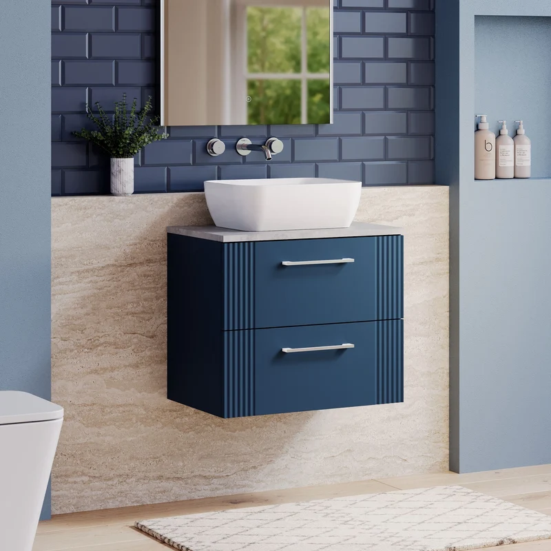 Deco 600mm Wall Hung 2 Drawer Vanity Unit & Bellato Grey Laminate Worktop - Blue Satin