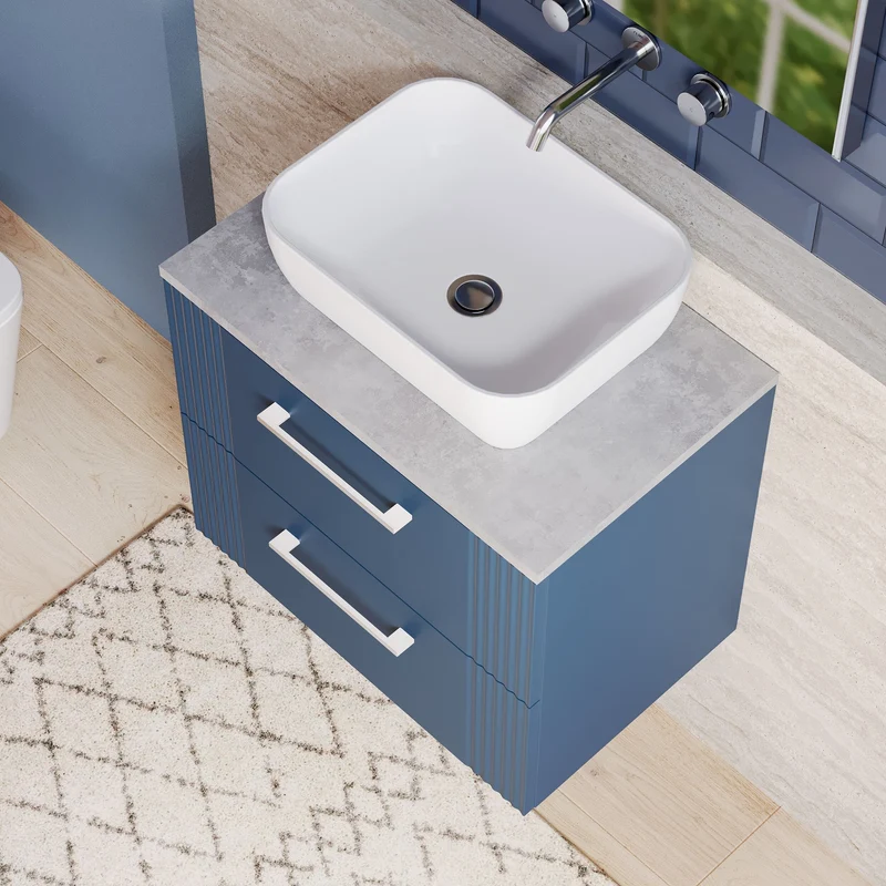 Deco 600mm Wall Hung 2 Drawer Vanity Unit & Bellato Grey Laminate Worktop - Blue Satin