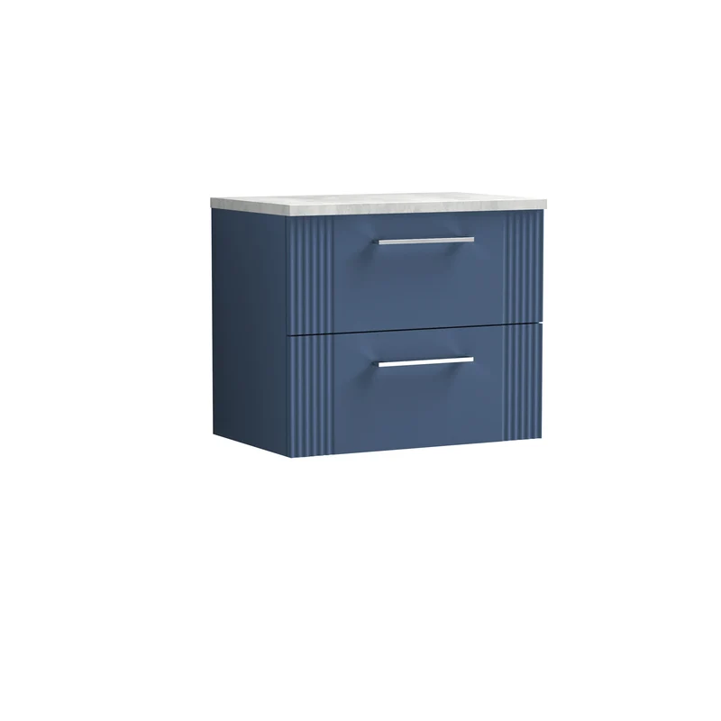 Deco 600mm Wall Hung 2 Drawer Vanity Unit & Bellato Grey Laminate Worktop - Blue Satin