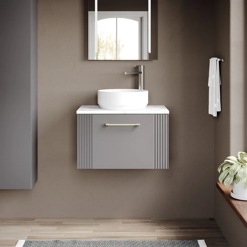 Deco 600mm Wall Hung 1 Drawer Vanity Unit & Carrera Marble Laminate Worktop - Grey Satin