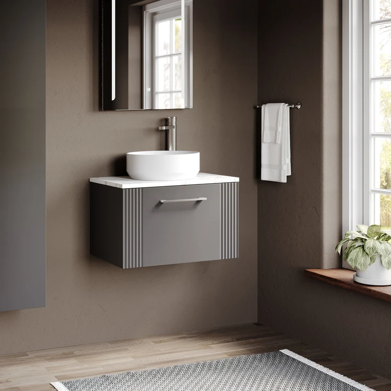 Deco 600mm Wall Hung 1 Drawer Vanity Unit & Carrera Marble Laminate Worktop - Grey Satin