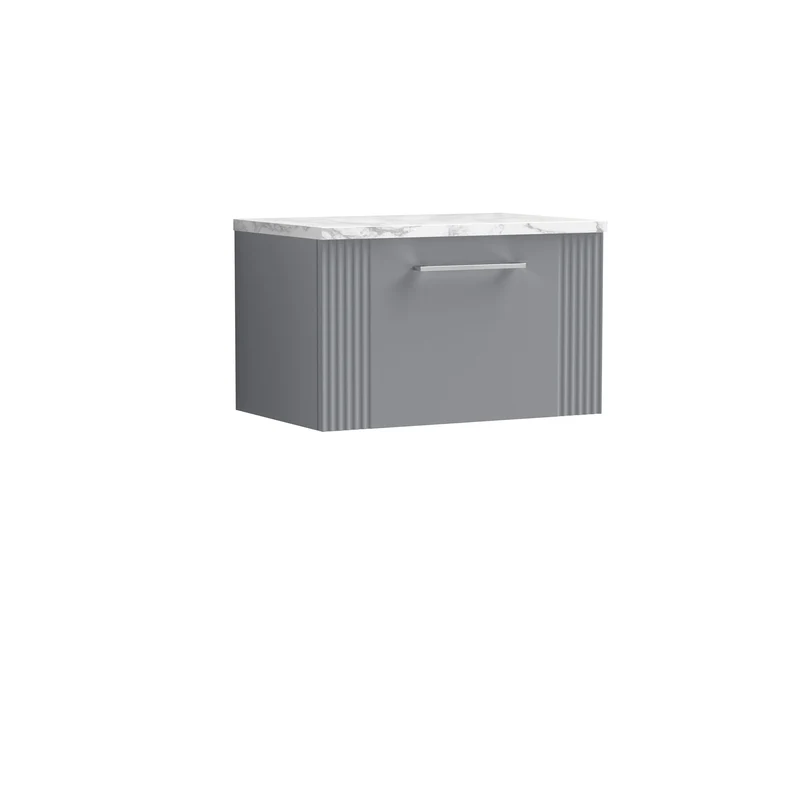 Deco 600mm Wall Hung 1 Drawer Vanity Unit & Carrera Marble Laminate Worktop - Grey Satin