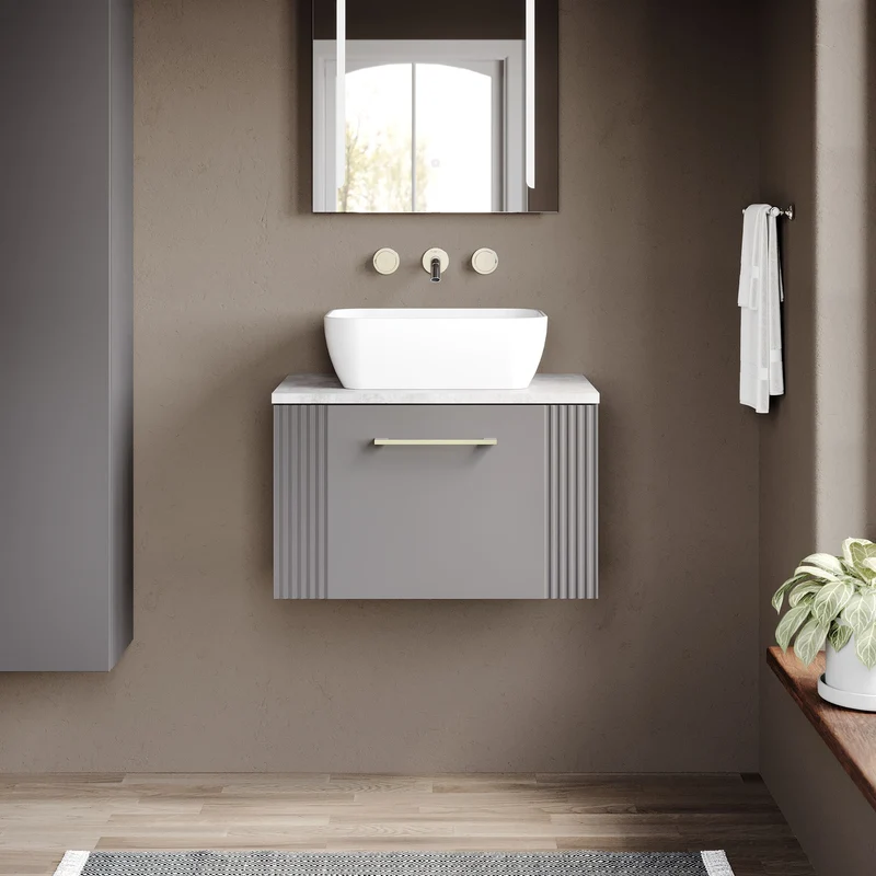 Deco 600mm Wall Hung 1 Drawer Vanity Unit & Bellato Grey Laminate Worktop - Grey Satin