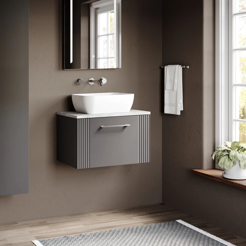 Deco 600mm Wall Hung 1 Drawer Vanity Unit & Bellato Grey Laminate Worktop - Grey Satin