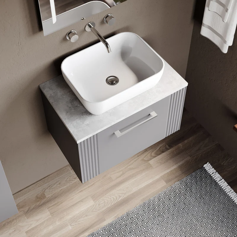 Deco 600mm Wall Hung 1 Drawer Vanity Unit & Bellato Grey Laminate Worktop - Grey Satin