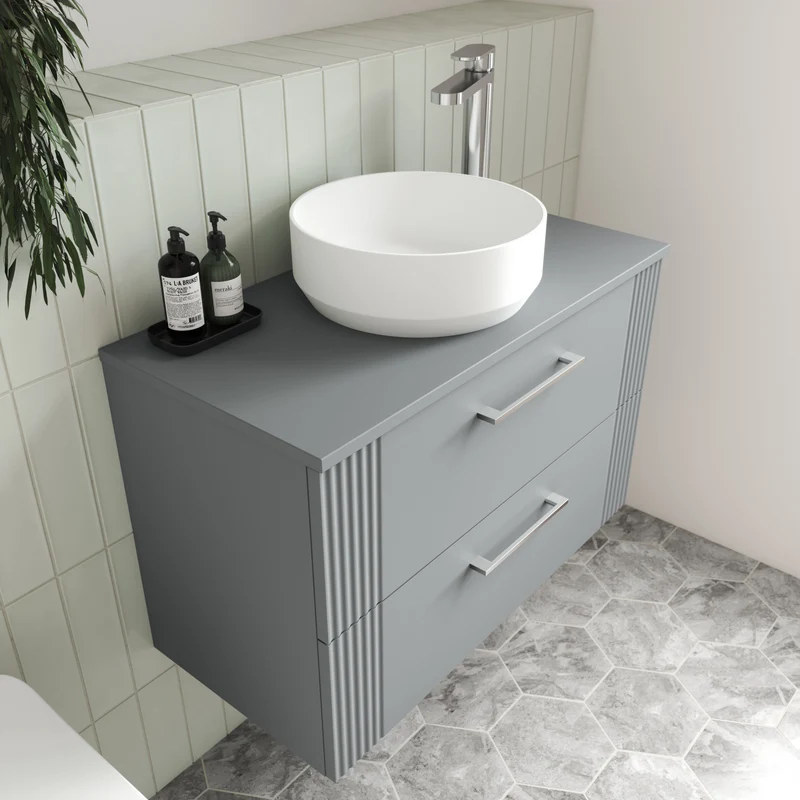Deco 600mm Wall Hung 2 Drawer Vanity Unit & Worktop - Grey Satin