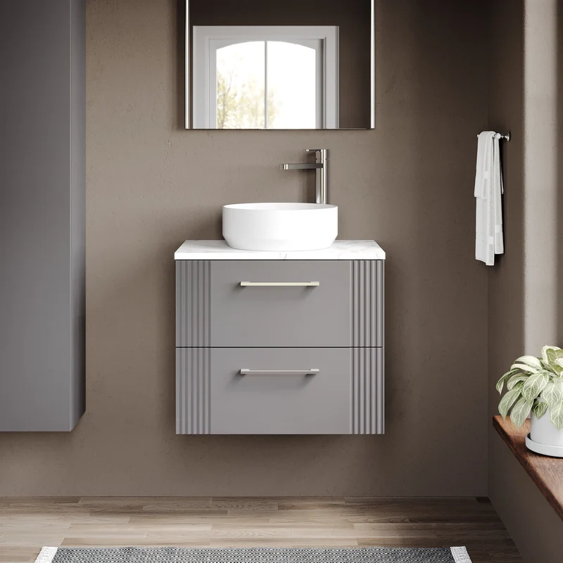Deco 600mm Wall Hung 2 Drawer Vanity Unit & Carrera Marble Laminate Worktop - Grey Satin